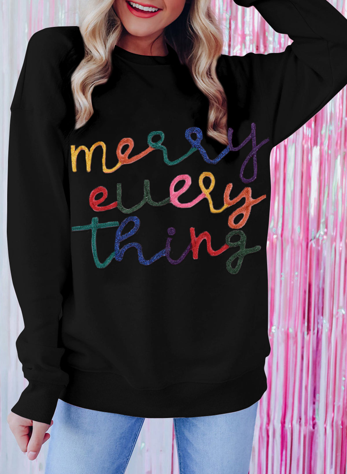 Black Merry Every Thing Tinsel Slogan Sweatshirt-Tops/Sweatshirts & Hoodies-[Adult]-[Female]-2022 Online Blue Zone Planet