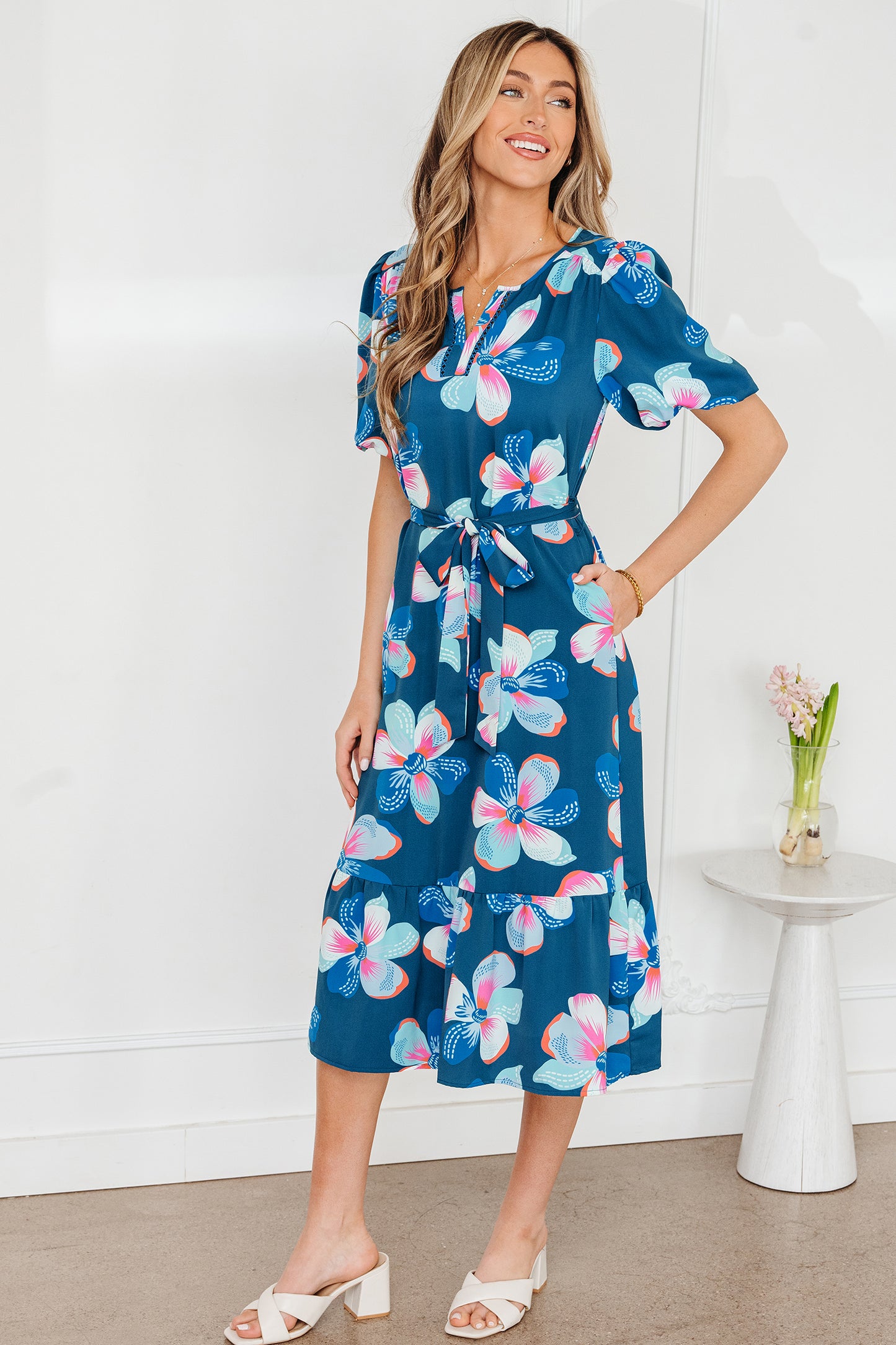 Blue Floral Print Short Puff Sleeve Ruffle Hem Belted Long Dress-TOPS / DRESSES-[Adult]-[Female]-2022 Online Blue Zone Planet