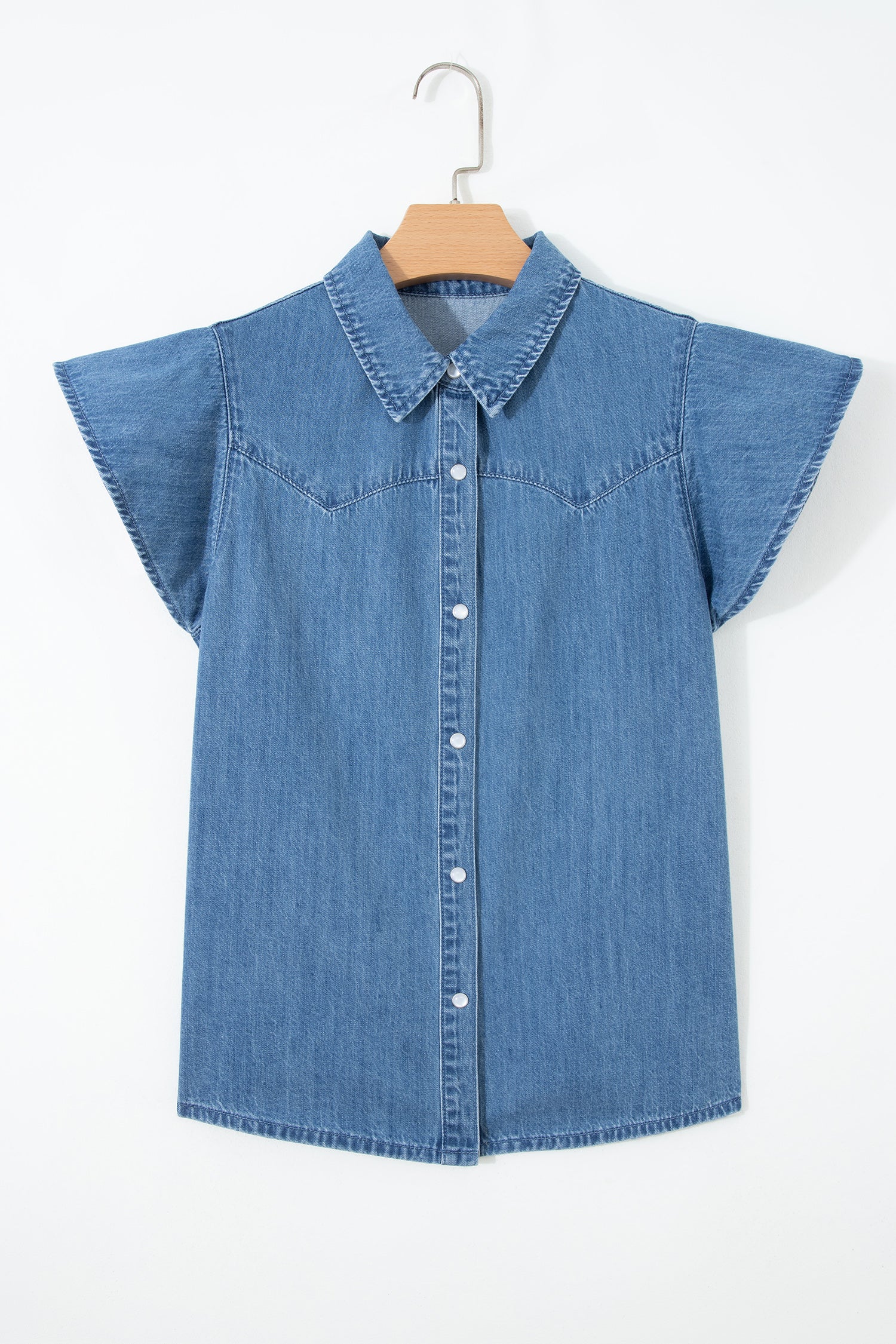 Dusk Blue Ruffled Short Sleeve Denim Shirt-Tops/Blouses & Shirts-[Adult]-[Female]-2022 Online Blue Zone Planet