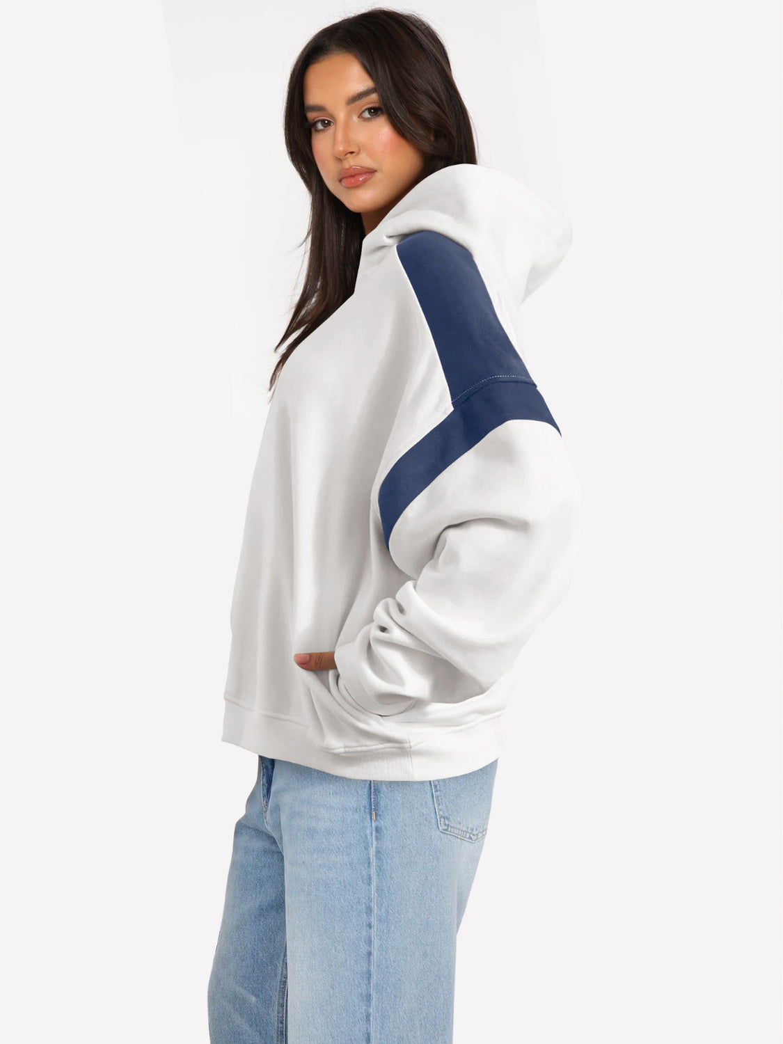 Contrast Dropped Shoulder Long Sleeve Hoodie-TOPS / DRESSES-[Adult]-[Female]-2022 Online Blue Zone Planet