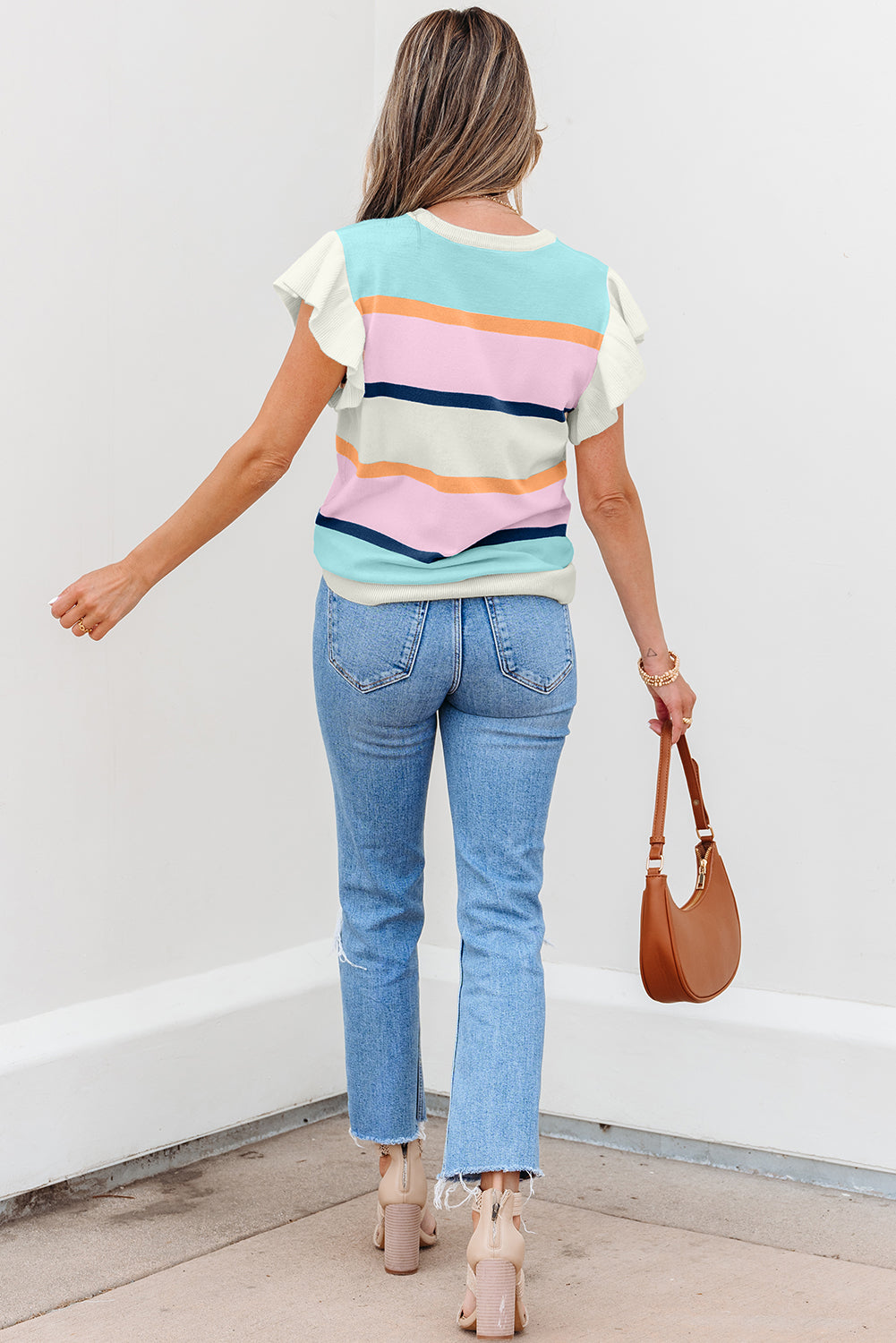 Multicolour Striped Color Block Flutter Sleeve Patchwork Sweater Top-TOPS / DRESSES-[Adult]-[Female]-2022 Online Blue Zone Planet