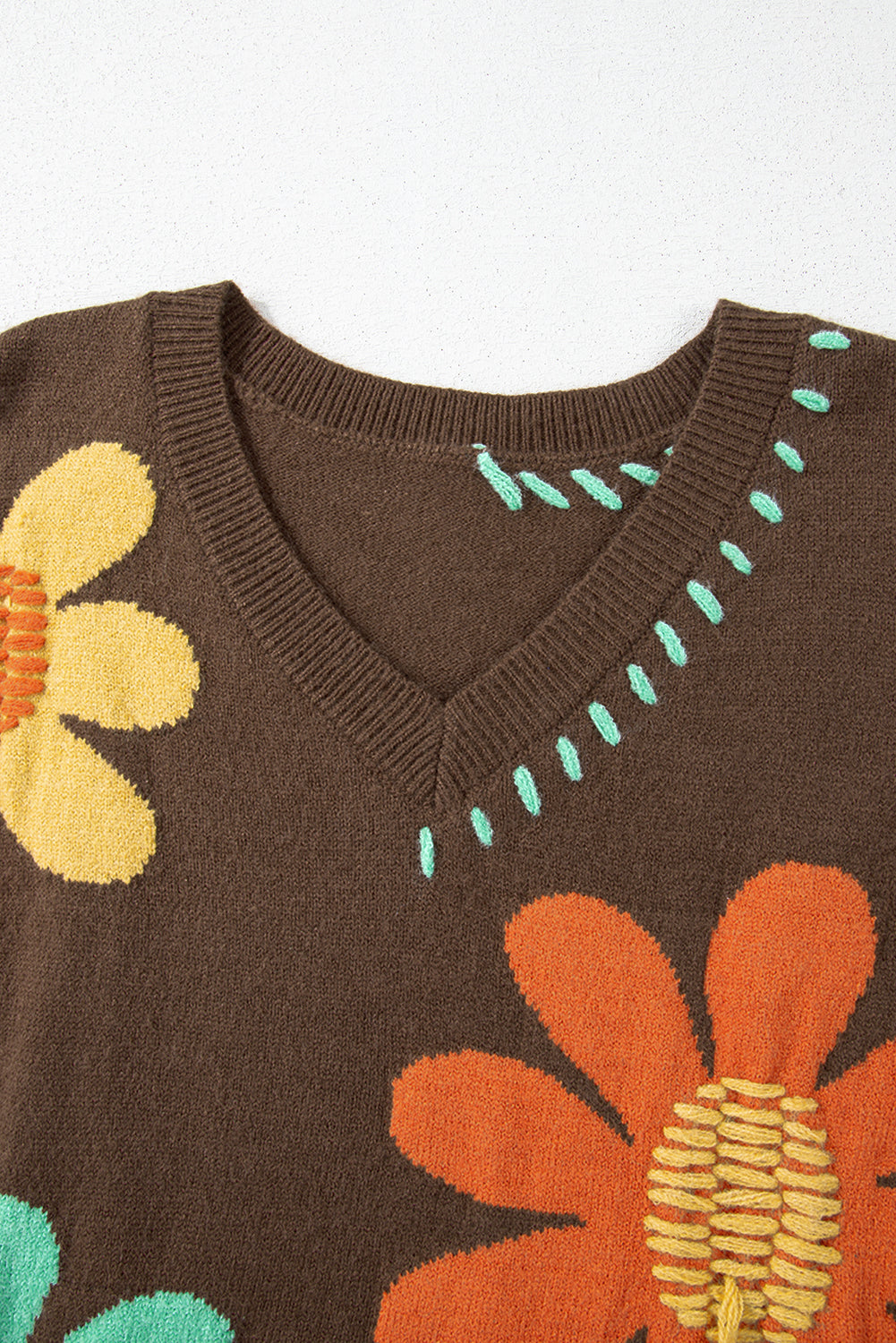 Blue Zone Planet | White Big Flower Pattern V Neck Drop Shoulder Sweater-Sweaters & Cardigans/Sweaters-[Adult]-[Female]-2022 Online Blue Zone Planet