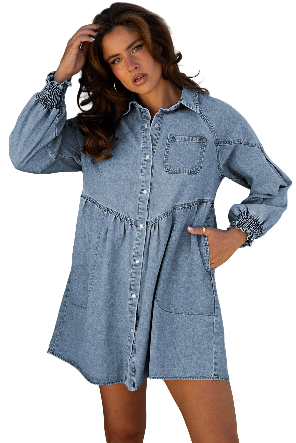 Beau Blue Smocked Cuffs Flared Denim Shirt Mini Dress-Dresses/Mini Dresses-[Adult]-[Female]-2022 Online Blue Zone Planet