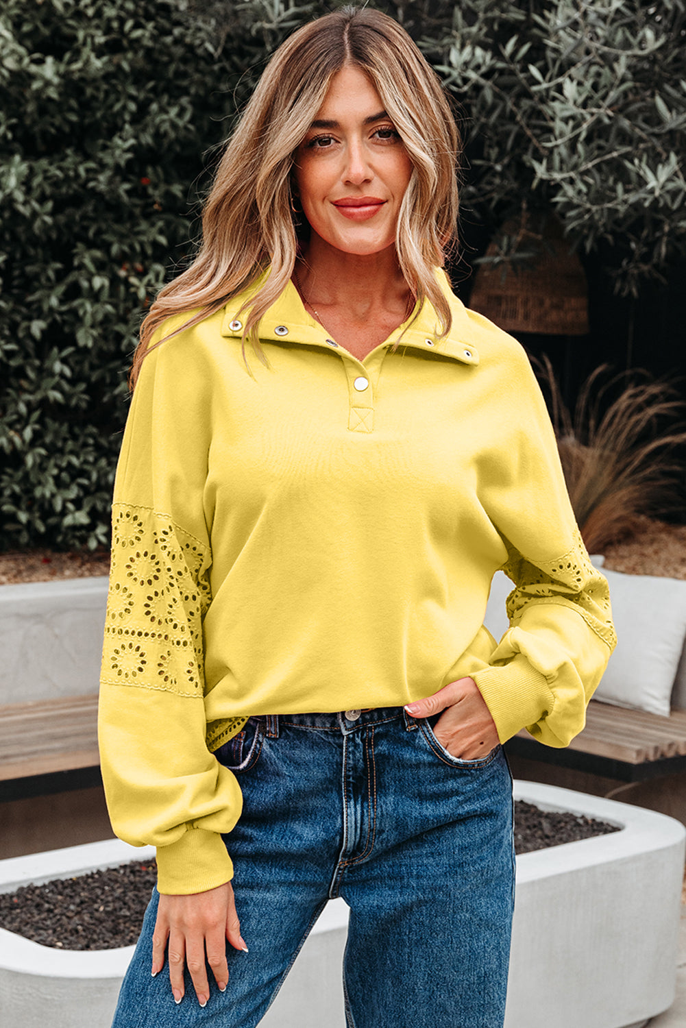 Yellow Cream Embroidered Flower Patchwork Snap Buttons Pullover Sweatshirt-Tops/Sweatshirts & Hoodies-[Adult]-[Female]-2022 Online Blue Zone Planet