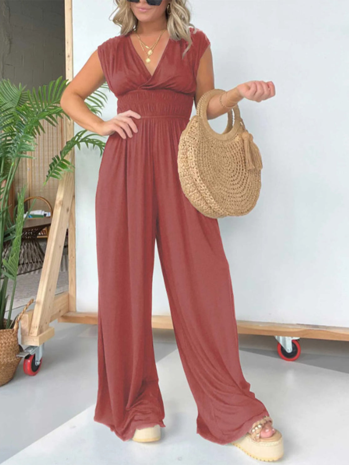 Smocked Cap Sleeve Wide Leg Jumpsuit-TOPS / DRESSES-[Adult]-[Female]-2022 Online Blue Zone Planet