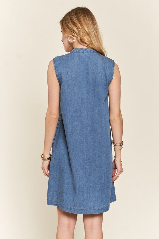 ADORA Notched Sleeveless Denim Dress with Pockets-TOPS / DRESSES-[Adult]-[Female]-2022 Online Blue Zone Planet