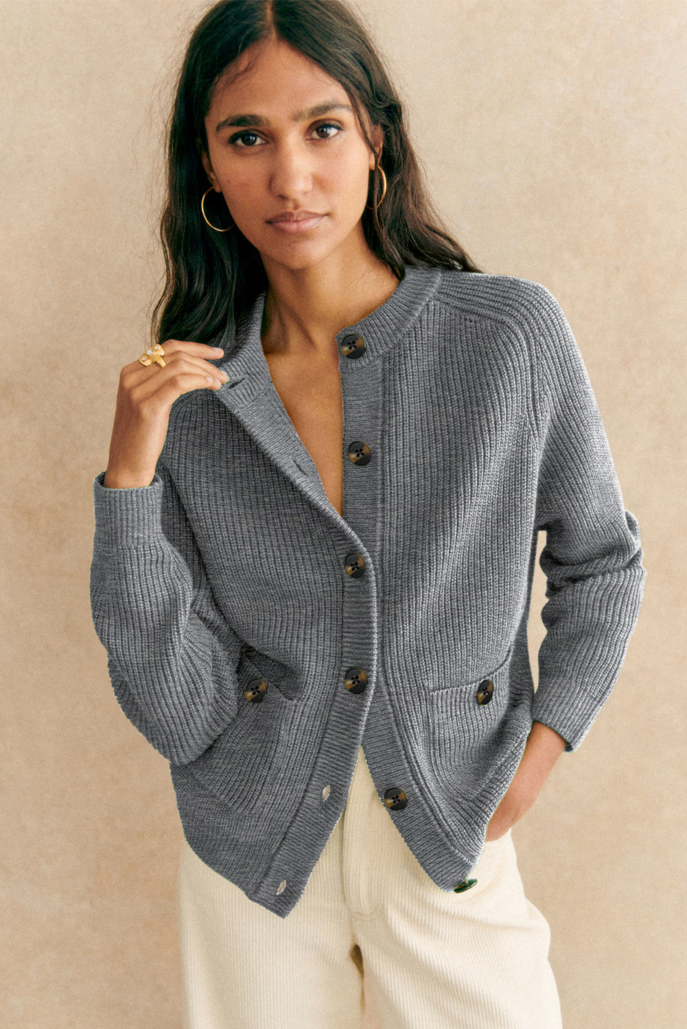 Medium Grey Chunky Buttoned Front Round Neck Cardigan Sweater-TOPS / DRESSES-[Adult]-[Female]-2022 Online Blue Zone Planet