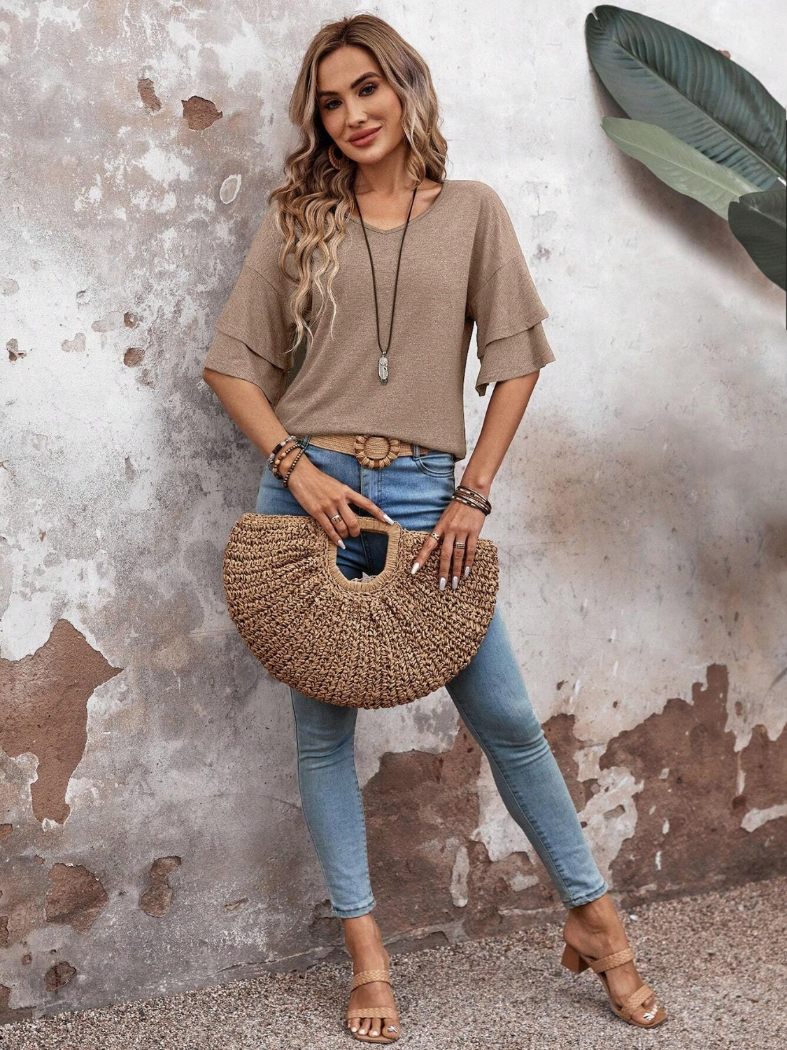 V-Neck Half Sleeve Blouse-TOPS / DRESSES-[Adult]-[Female]-2022 Online Blue Zone Planet