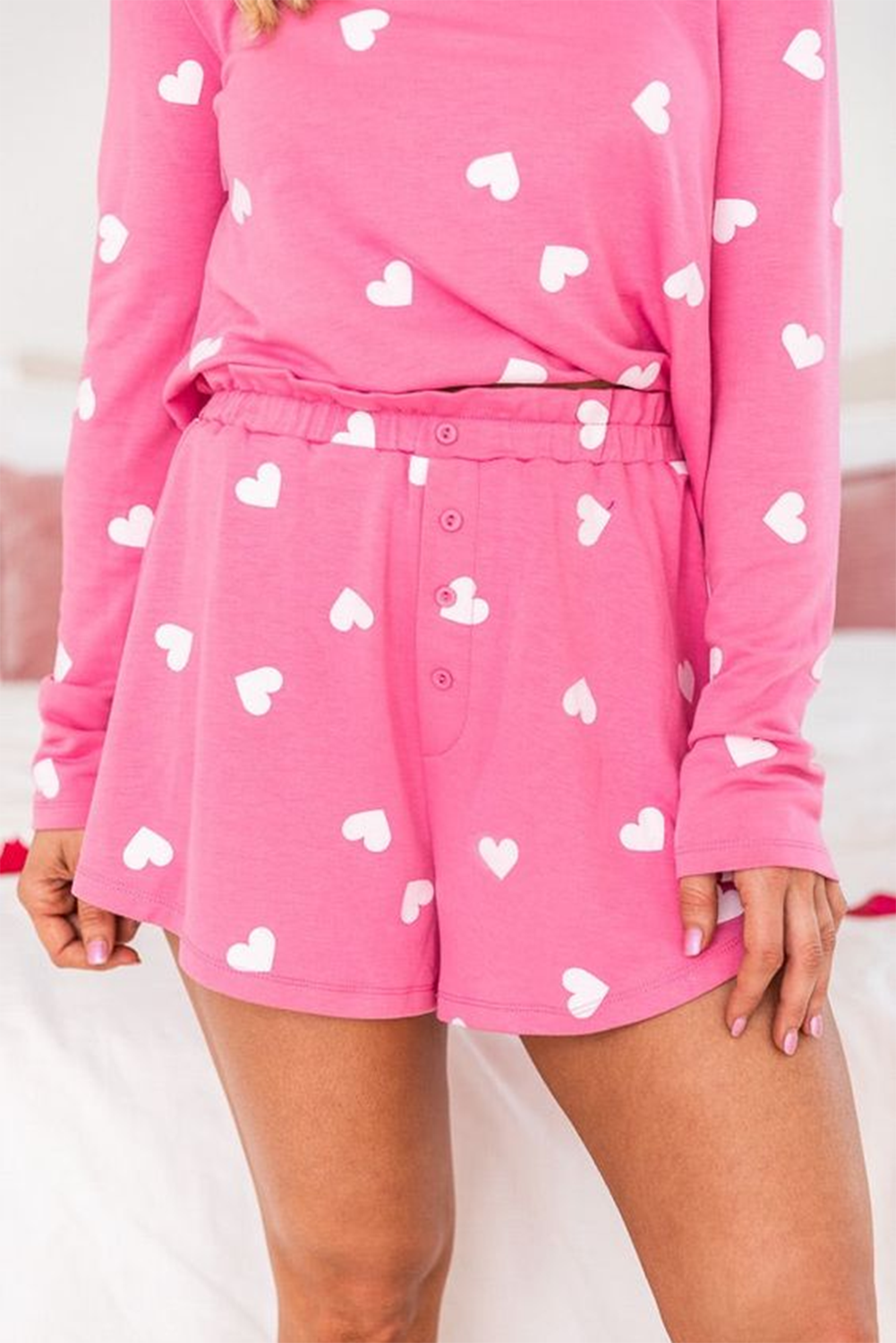 Pink Valentine Heart Print Long Sleeve Tee and Shorts Lounge Set-Sale (50% OFF)/30% OFF-[Adult]-[Female]-2022 Online Blue Zone Planet