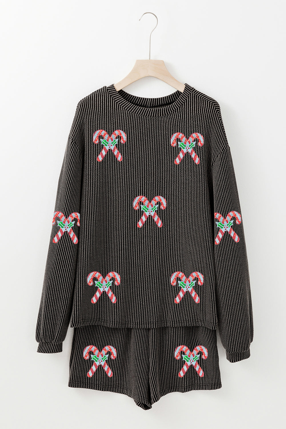 Carbon Grey Twisted Ribbed Sequin Holly Candy Cane Long Sleeve Top and Shorts 2pcs Outfit-Graphic/Graphic Sets-[Adult]-[Female]-2022 Online Blue Zone Planet