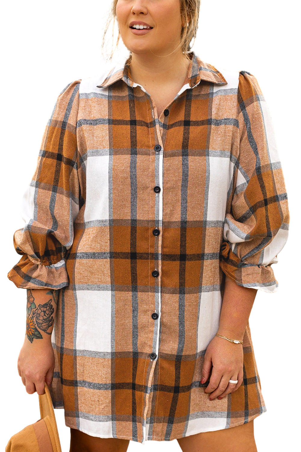 Blue Zone Planet | Khaki Plus Size Plaid Flounce Sleeve Button up Shirt Dress-TOPS / DRESSES-[Adult]-[Female]-2022 Online Blue Zone Planet