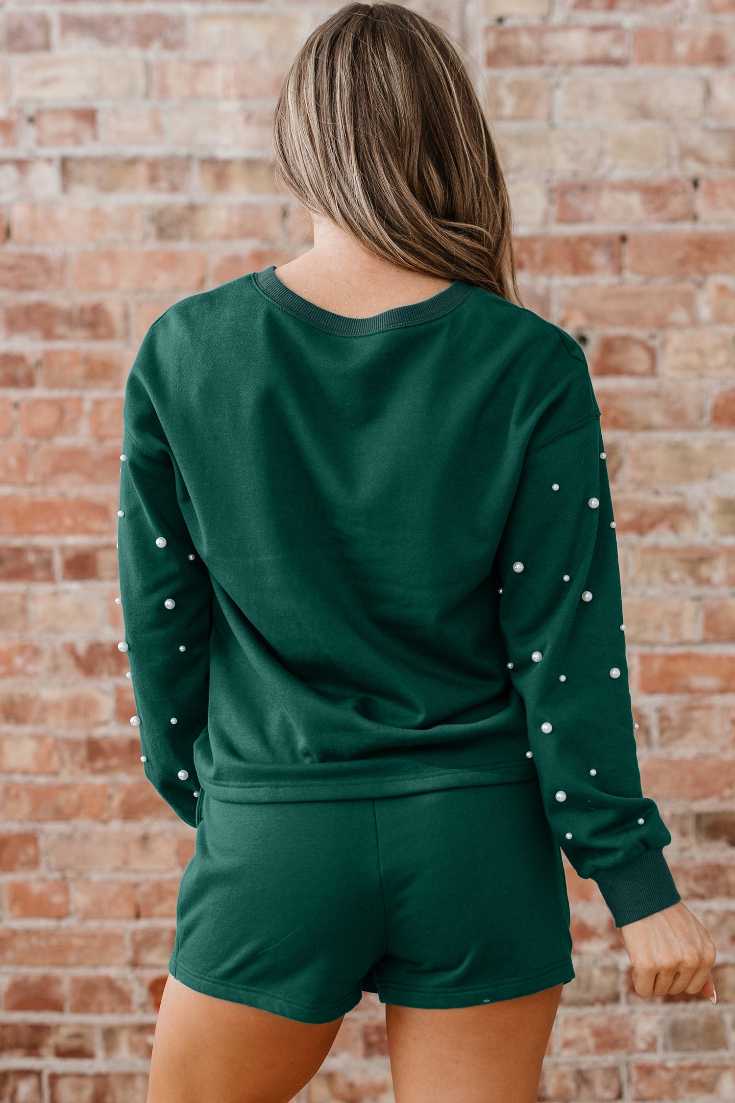 Dark Green Pearl Embellished Drop Shoulder Pullover Elastic Waist Mini Skirt Set-Two Piece Sets/Two Piece Dresses-[Adult]-[Female]-2022 Online Blue Zone Planet