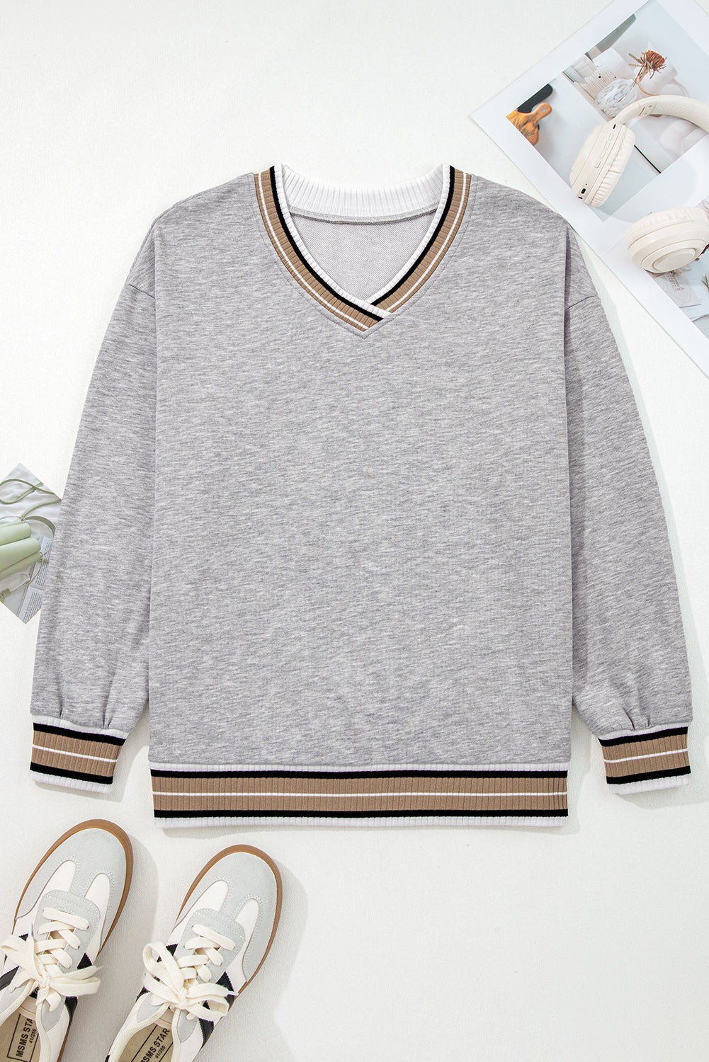 Gray Varsity Contrast Striped Trim V Neck Sweatshirt-Tops/Sweatshirts & Hoodies-[Adult]-[Female]-2022 Online Blue Zone Planet