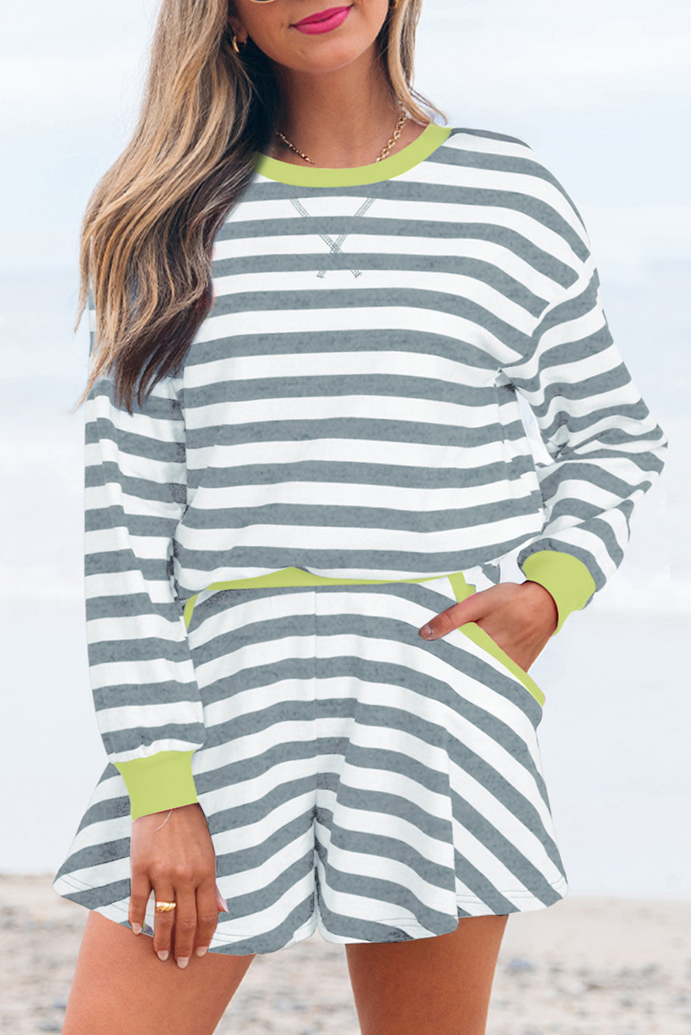 Gray Stripe Contrast Ribbed Banding Long Sleeve Blouse Loose Shorts Set-Two Piece Sets/Short Sets-[Adult]-[Female]-2022 Online Blue Zone Planet