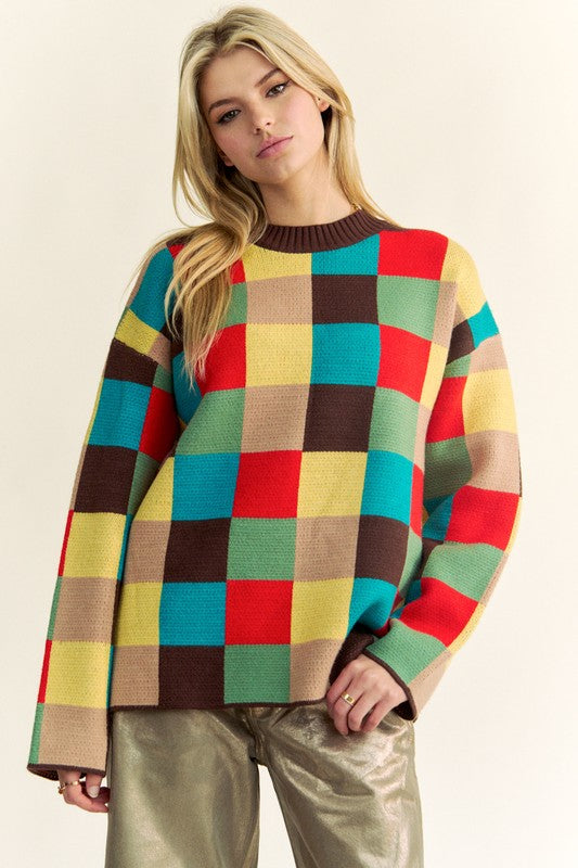 Davi & Dani Color Block Checkered Dropped Shoulder Sweater-TOPS / DRESSES-[Adult]-[Female]-Brown Multicolor-S-2022 Online Blue Zone Planet