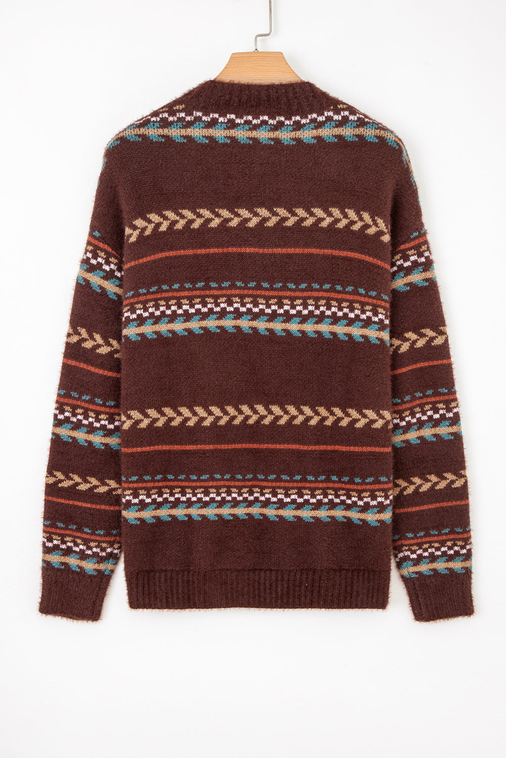 Brown Ethnic Pattern Mohair Knitted Drop Shoulder Sweater-TOPS / DRESSES-[Adult]-[Female]-2022 Online Blue Zone Planet