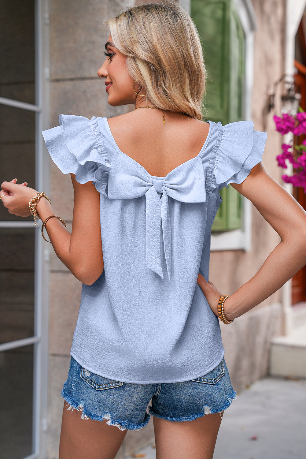 Gossamer Pink Textured Bow Frilled Ruffle Sleeve Blouse-Blouses-[Adult]-[Female]-Beau Blue-2XL-2022 Online Blue Zone Planet