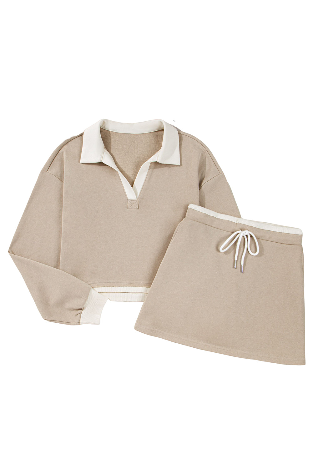 Parchment Raw Edge Detail Colorblock Patchwork Cropped Pullover Drawstring Skirt Set-Two Piece Sets/Two Piece Dresses-[Adult]-[Female]-2022 Online Blue Zone Planet