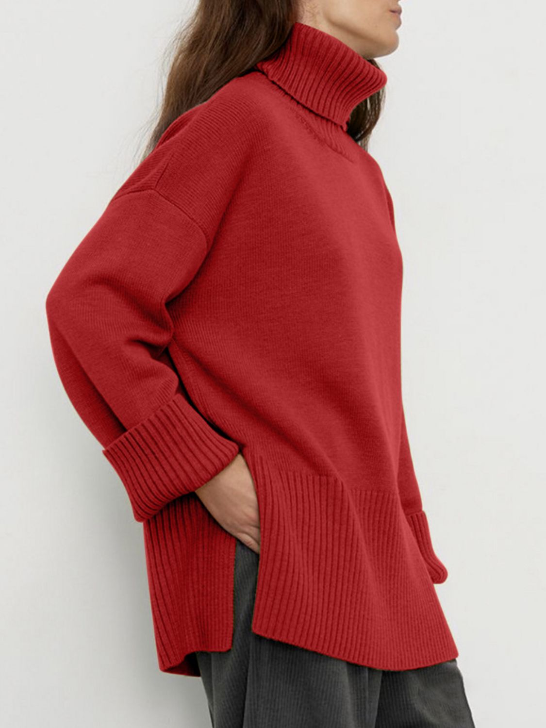 Side Slit Turtleneck Drop Shoulder Sweater-TOPS / DRESSES-[Adult]-[Female]-2022 Online Blue Zone Planet