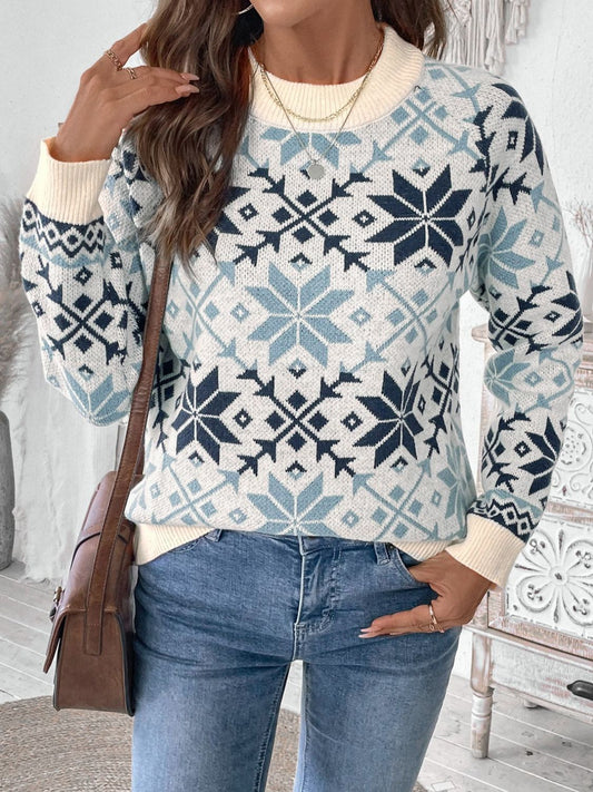 Perfee Graphic Round Neck Long Sleeve Sweater-TOPS / DRESSES-[Adult]-[Female]-Light Blue-S-2022 Online Blue Zone Planet