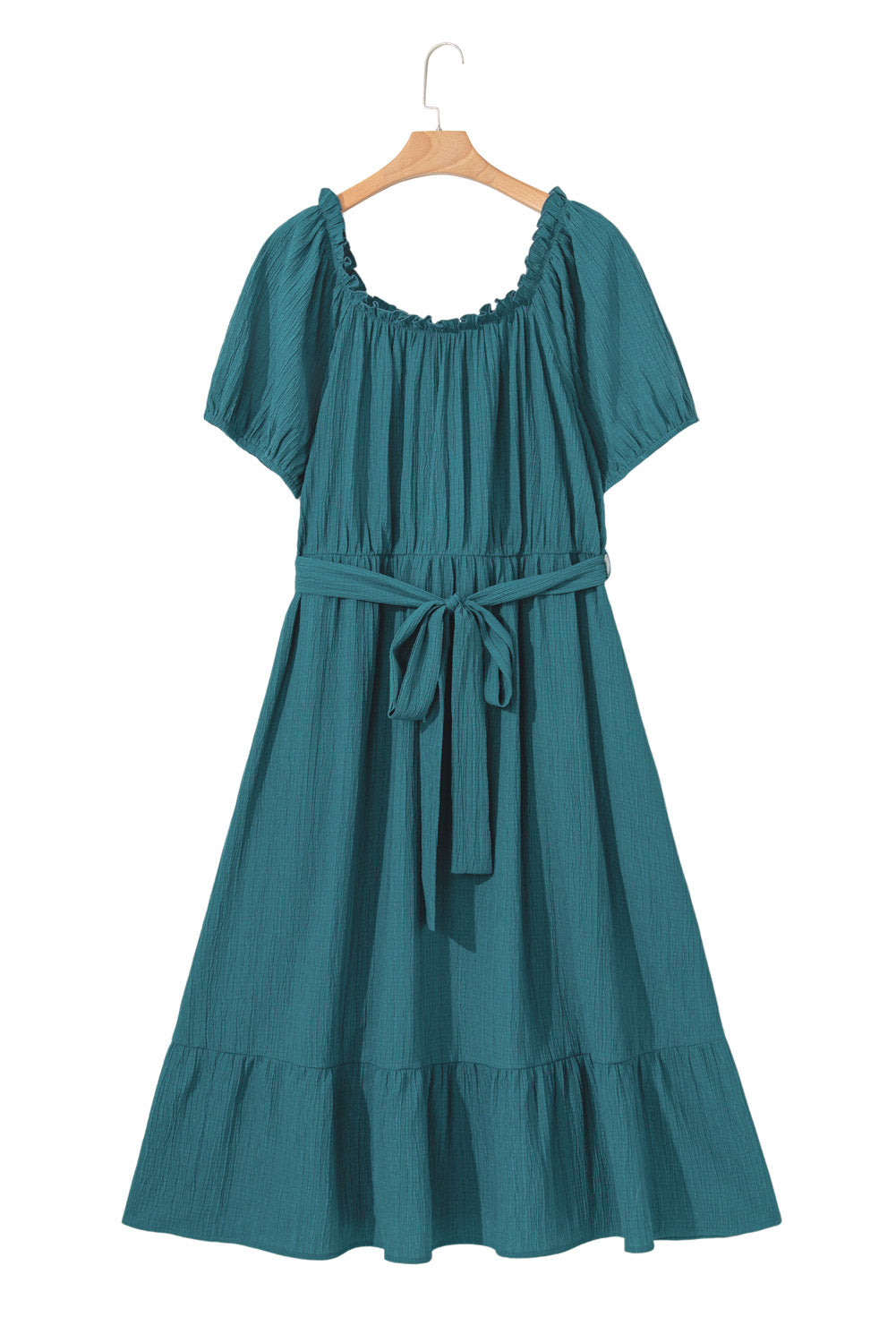 Skobeloff Frilled U Neck Puff Sleeve Belted Ruffle Hem Plus Size Midi Dress-TOPS / DRESSES-[Adult]-[Female]-2022 Online Blue Zone Planet