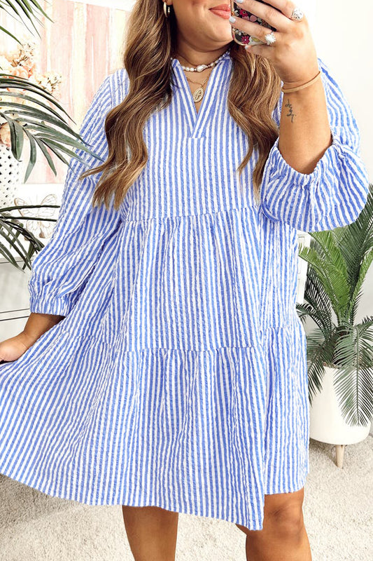 Sky Blue Stripe Seersucker Textured Notched Neck Long Puff Sleeve Tiered Curvy Dress-TOPS / DRESSES-[Adult]-[Female]-Sky Blue Stripe-1X-2022 Online Blue Zone Planet