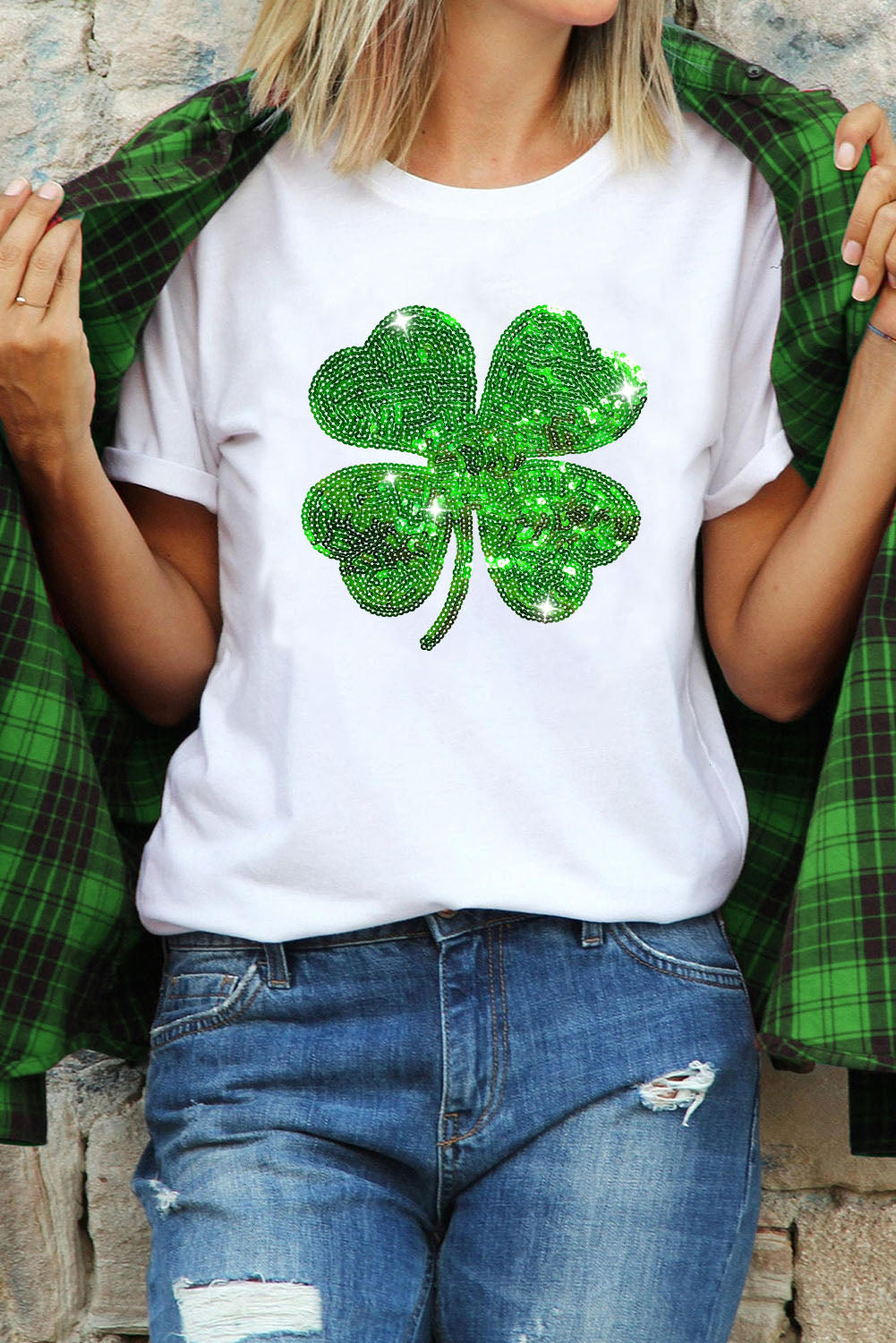White Sequin Clover Patch Graphic St Patrick Fashion Tee-Graphic/Graphic Tees-[Adult]-[Female]-White-S-2022 Online Blue Zone Planet