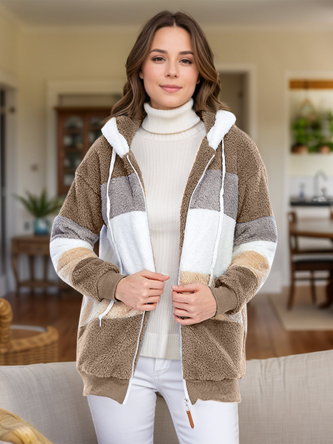 Blue Zone Planet | Full Size Drawstring Color Block Zip Up Hooded Outerwear-TOPS / DRESSES-[Adult]-[Female]-Taupe-S-2022 Online Blue Zone Planet