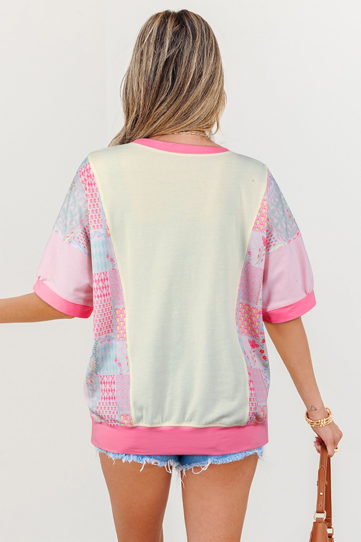 Beige Color Block Floral Patchwork Big Flower Accent Relaxed Top-Tops/Tops & Tees-[Adult]-[Female]-2022 Online Blue Zone Planet