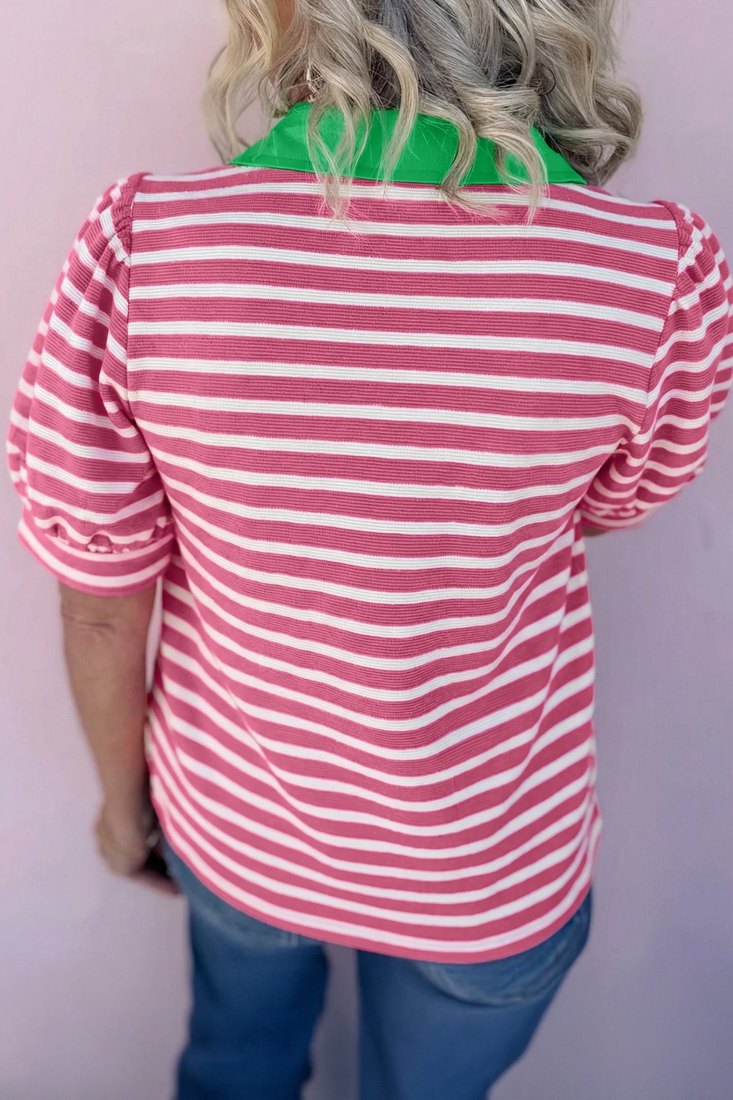 Pink Stripe Short Puff Sleeve Color Block Polo Collar Blouse-Tops/Blouses & Shirts-[Adult]-[Female]-2022 Online Blue Zone Planet