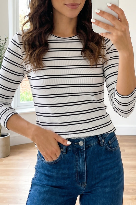 Beige Stripe Ribbed Knit Round Neck Long Sleeve Top-Tops/Long Sleeve Tops-[Adult]-[Female]-Beige Stripe-S-2022 Online Blue Zone Planet
