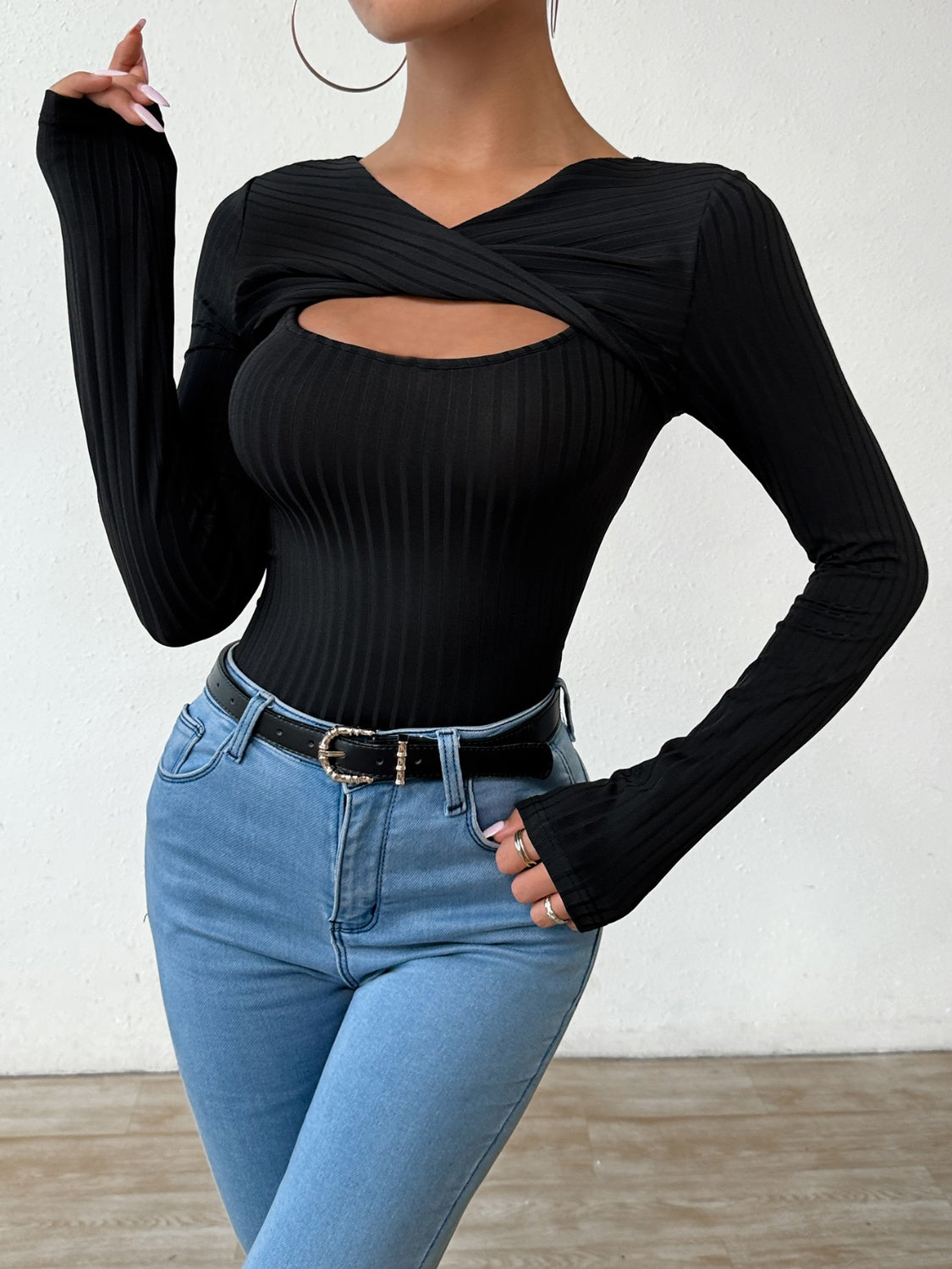 Cutout Surplice Long Sleeve T-Shirt-TOPS / DRESSES-[Adult]-[Female]-2022 Online Blue Zone Planet