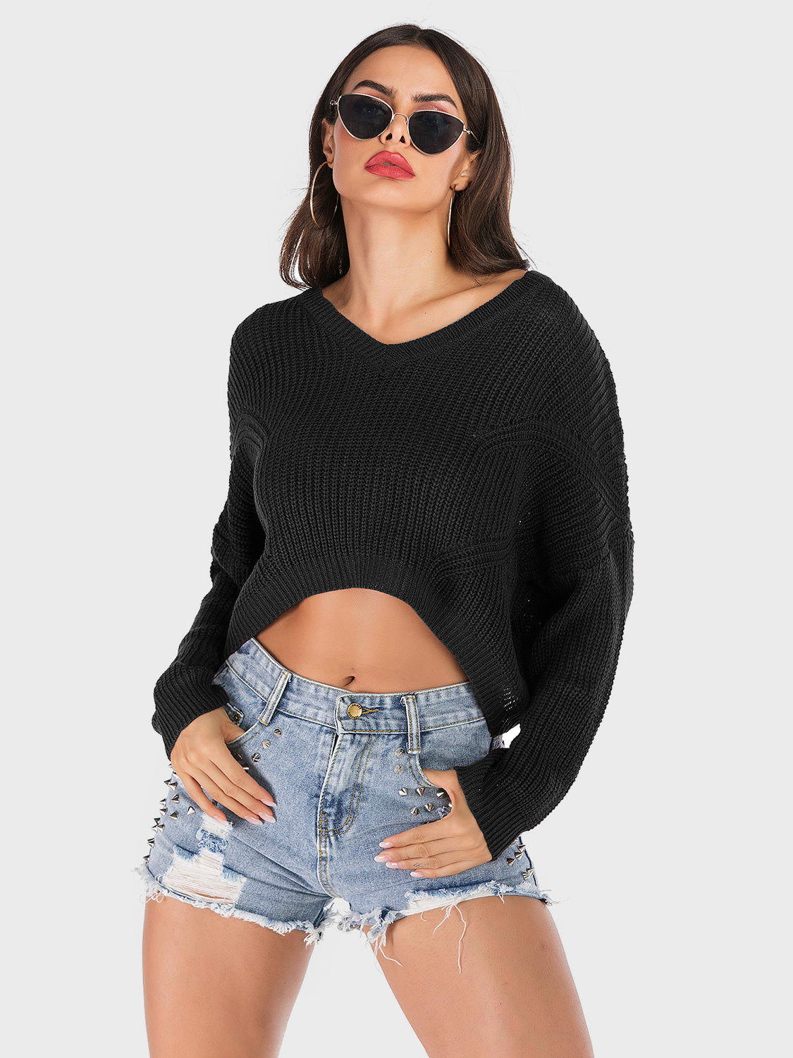 Perfee V-Neck Long Sleeve Sweater-NEW ARRIVALS-[Adult]-[Female]-Black-S-2022 Online Blue Zone Planet