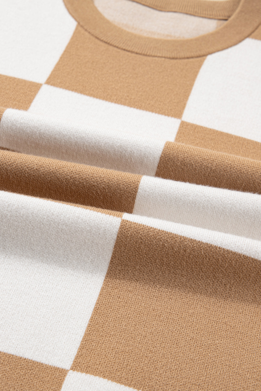 Light French Beige Plus Size Checkered Pattern Knit Short Sleeve Sweater-Plus Size/Plus Size Sweaters & Cardigans-[Adult]-[Female]-2022 Online Blue Zone Planet