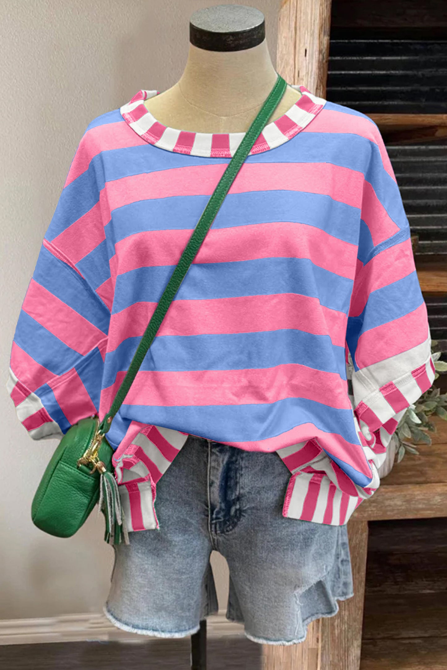 Pink Stripe Exposed Seam Contrast Patchwork Oversized Top-Tops/Tops & Tees-[Adult]-[Female]-2022 Online Blue Zone Planet