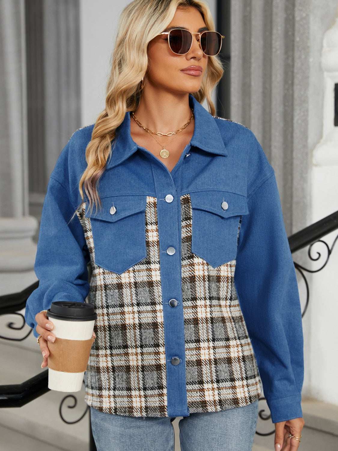 Plaid Button Up Long Sleeve Denim Jacket-TOPS / DRESSES-[Adult]-[Female]-2022 Online Blue Zone Planet