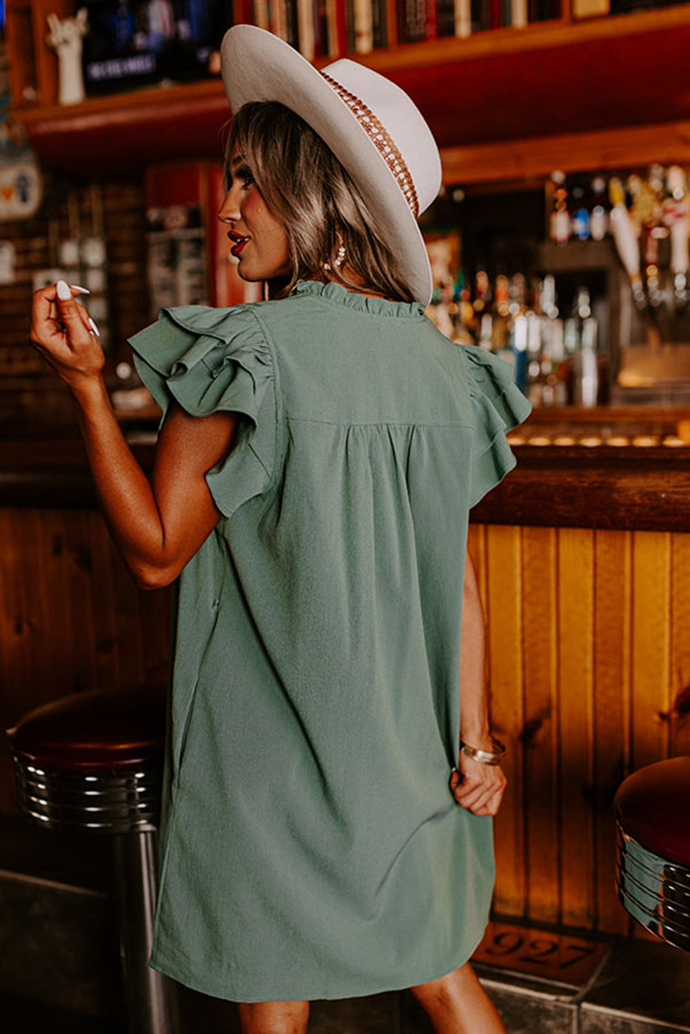 Blue Zone Planet |  Mist Green Ruffle Sleeve V Neck Frilled Shift Dress Blue Zone Planet