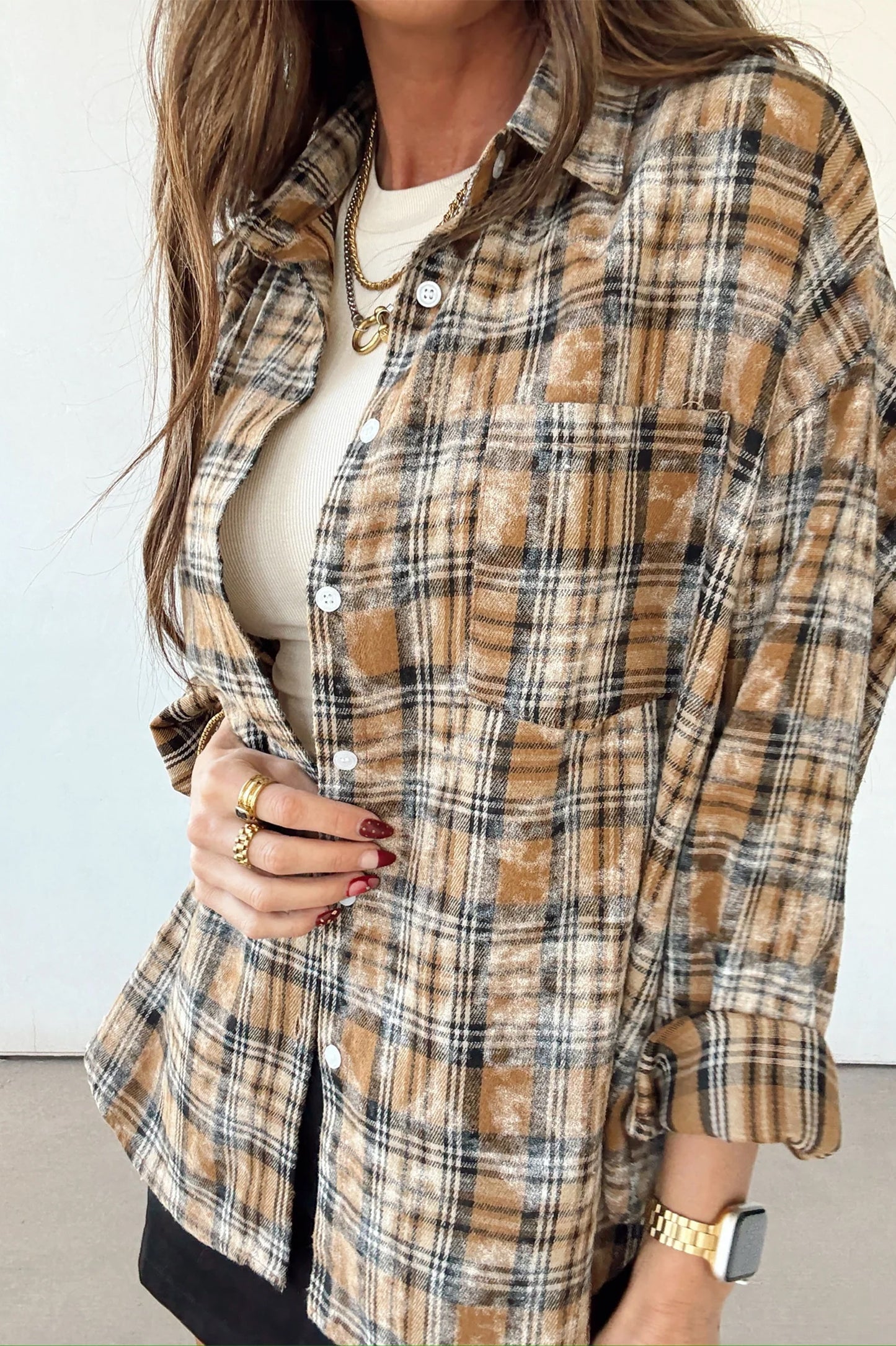 Brown Retro Plaid Long Sleeve Button Down Shirt
