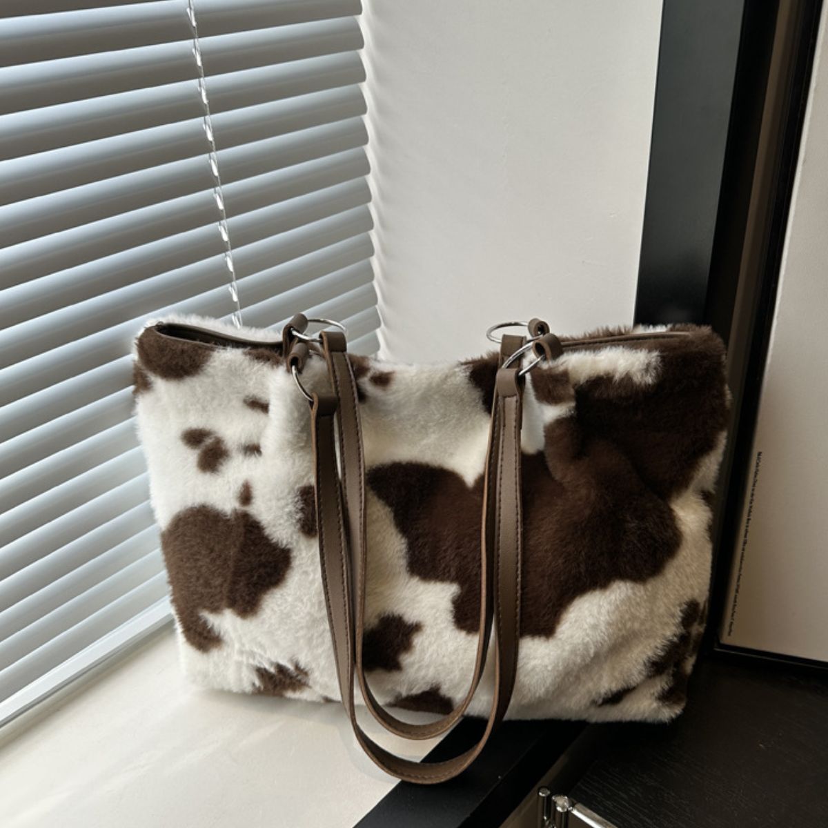 Blue Zone Planet | Cow Print Furry Tote Bag-HANDBAGS-[Adult]-[Female]-Chocolate-One Size-2022 Online Blue Zone Planet