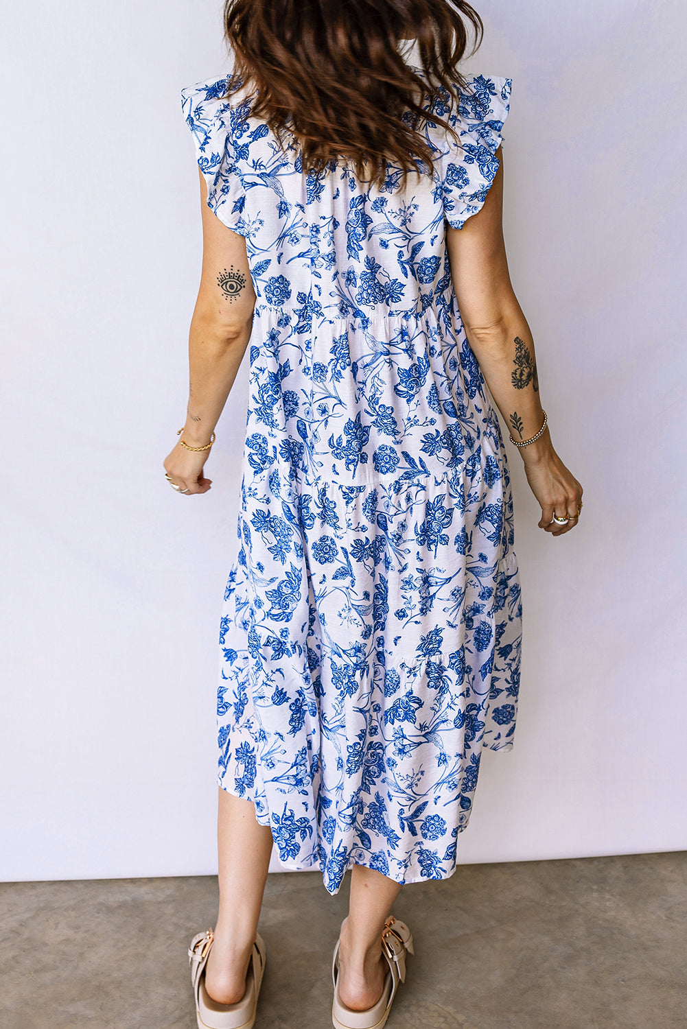 Blue Ruffled Short Sleeve Tiered Floral Midi Dress-Dresses/Floral Dresses-[Adult]-[Female]-2022 Online Blue Zone Planet