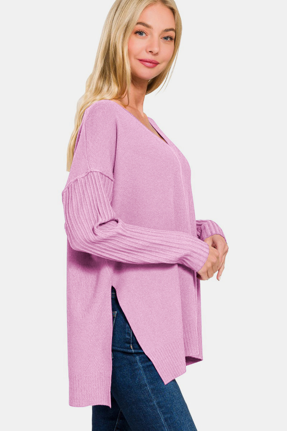 Zenana V-Neck Side Slit High-Low Sweater-TOPS / DRESSES-[Adult]-[Female]-2022 Online Blue Zone Planet