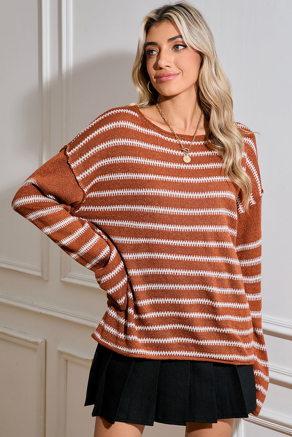 Blue Zone Planet | Green Stripe Casual Stripe Round Neck Drop Shoulder Sweater-Sweaters-[Adult]-[Female]-2022 Online Blue Zone Planet