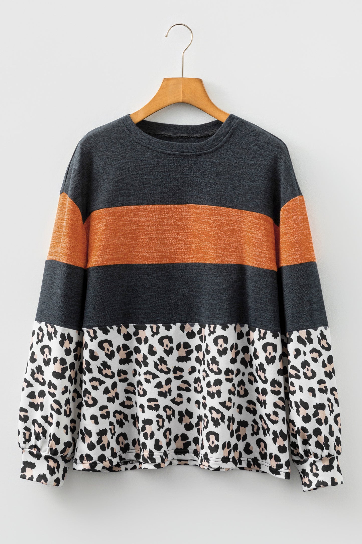 Black Color Block Leopard Patchwork Long Sleeve Casual Top-Tops/Long Sleeve Tops-[Adult]-[Female]-2022 Online Blue Zone Planet