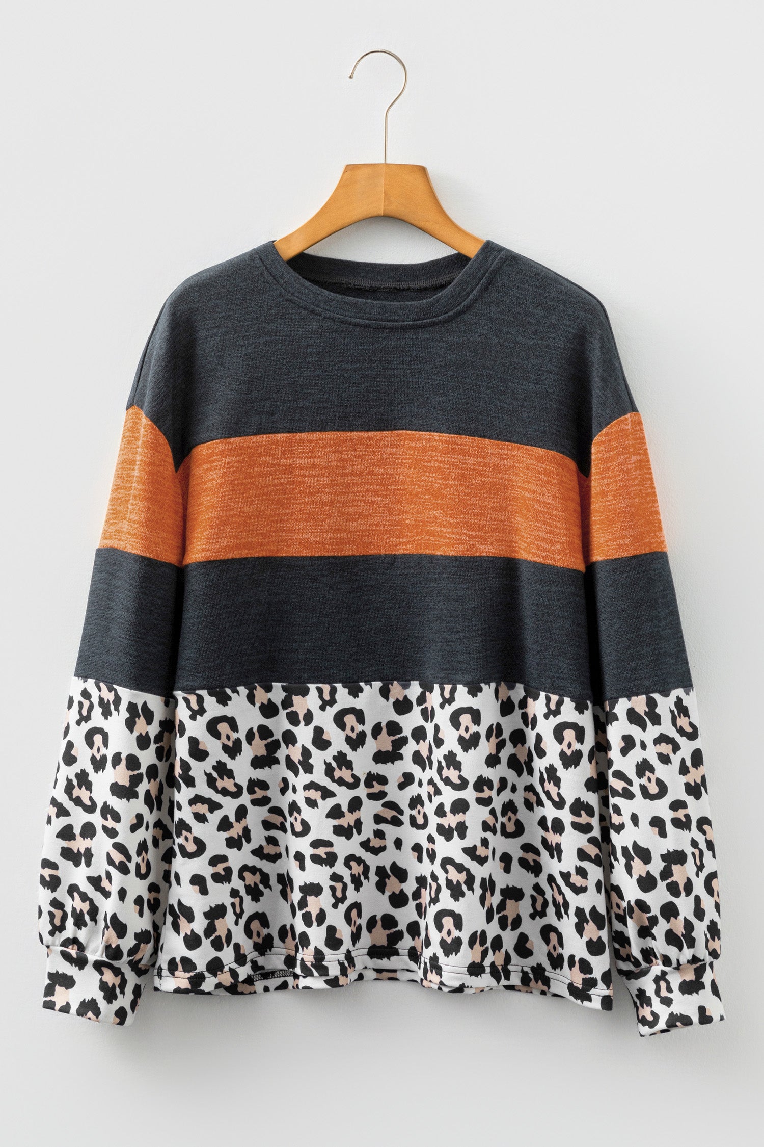 Black Color Block Leopard Patchwork Long Sleeve Casual Top-Tops/Long Sleeve Tops-[Adult]-[Female]-2022 Online Blue Zone Planet