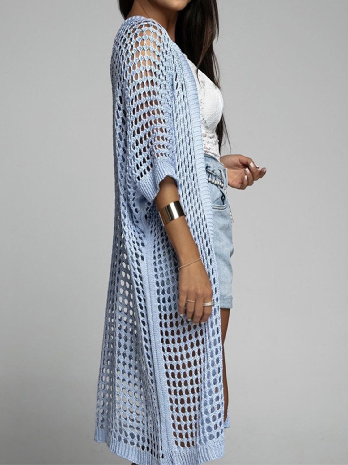 Openwork Open Front Three-Quarter Sleeve Cover Up-TOPS / DRESSES-[Adult]-[Female]-2022 Online Blue Zone Planet