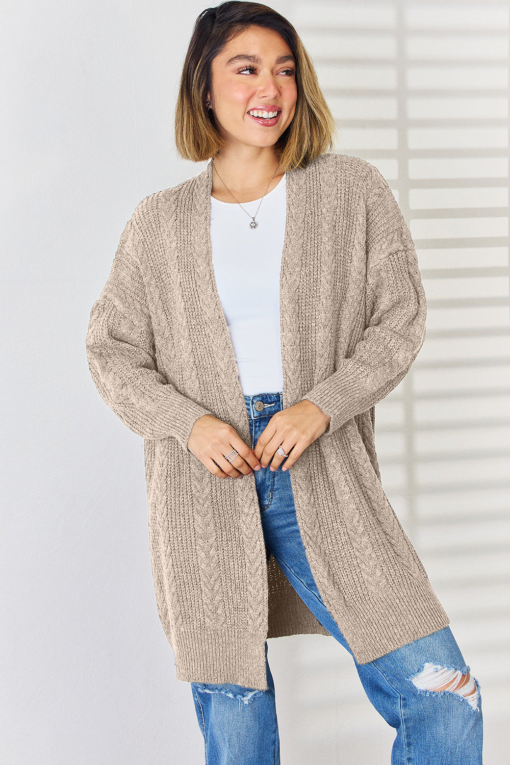 Cable-Knit Open Front Dropped Shoulder Cardigan-TOPS / DRESSES-[Adult]-[Female]-2022 Online Blue Zone Planet