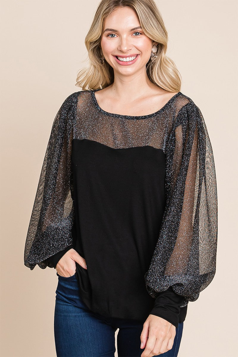 Super Lady Full Size Metallic Mesh Lantern Sleeve Blouse-TOPS / DRESSES-[Adult]-[Female]-2022 Online Blue Zone Planet