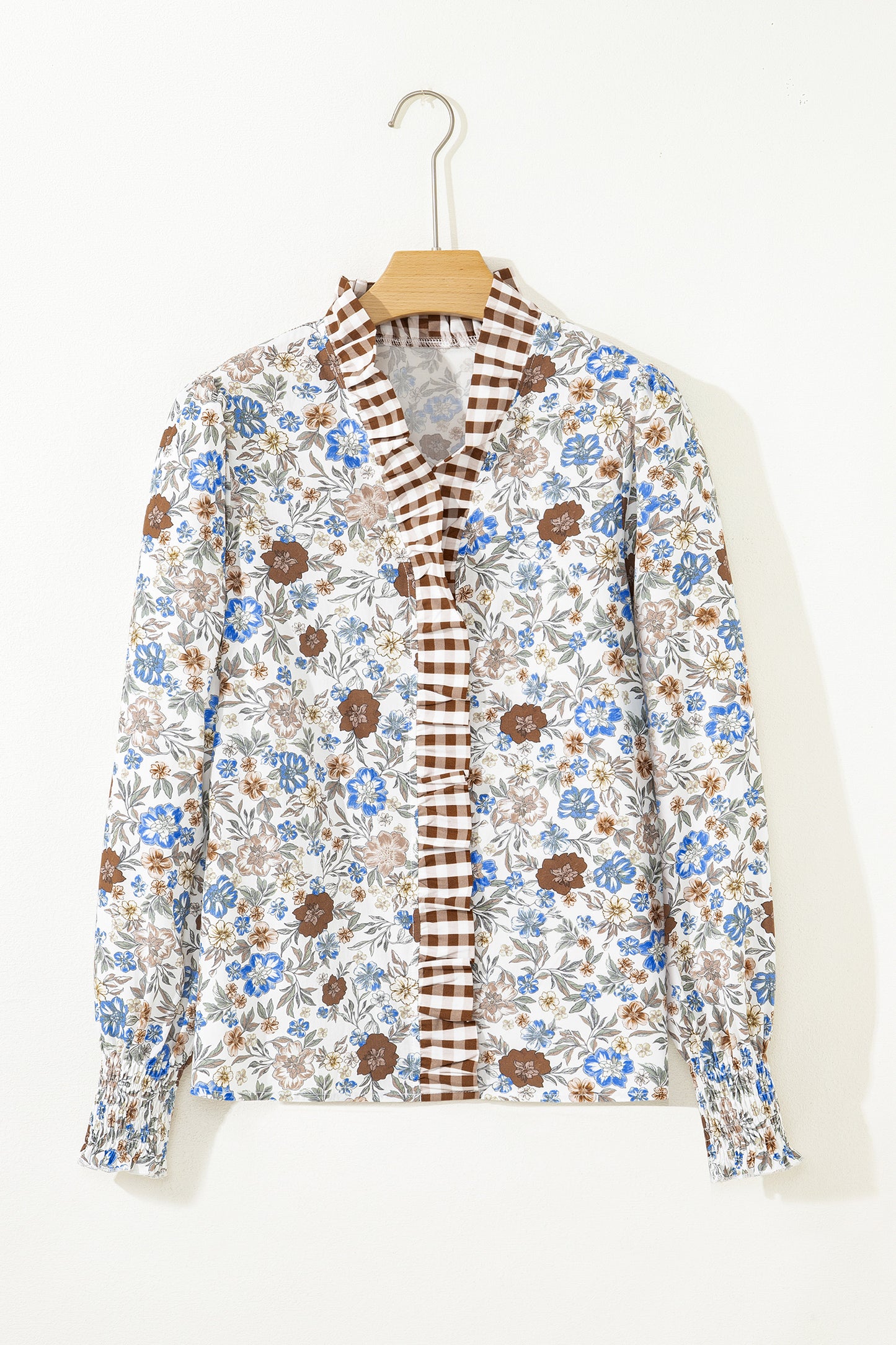 Brown Plaid Frilled Trim V Neck Floral Long Sleeve Blouse-Tops/Blouses & Shirts-[Adult]-[Female]-2022 Online Blue Zone Planet