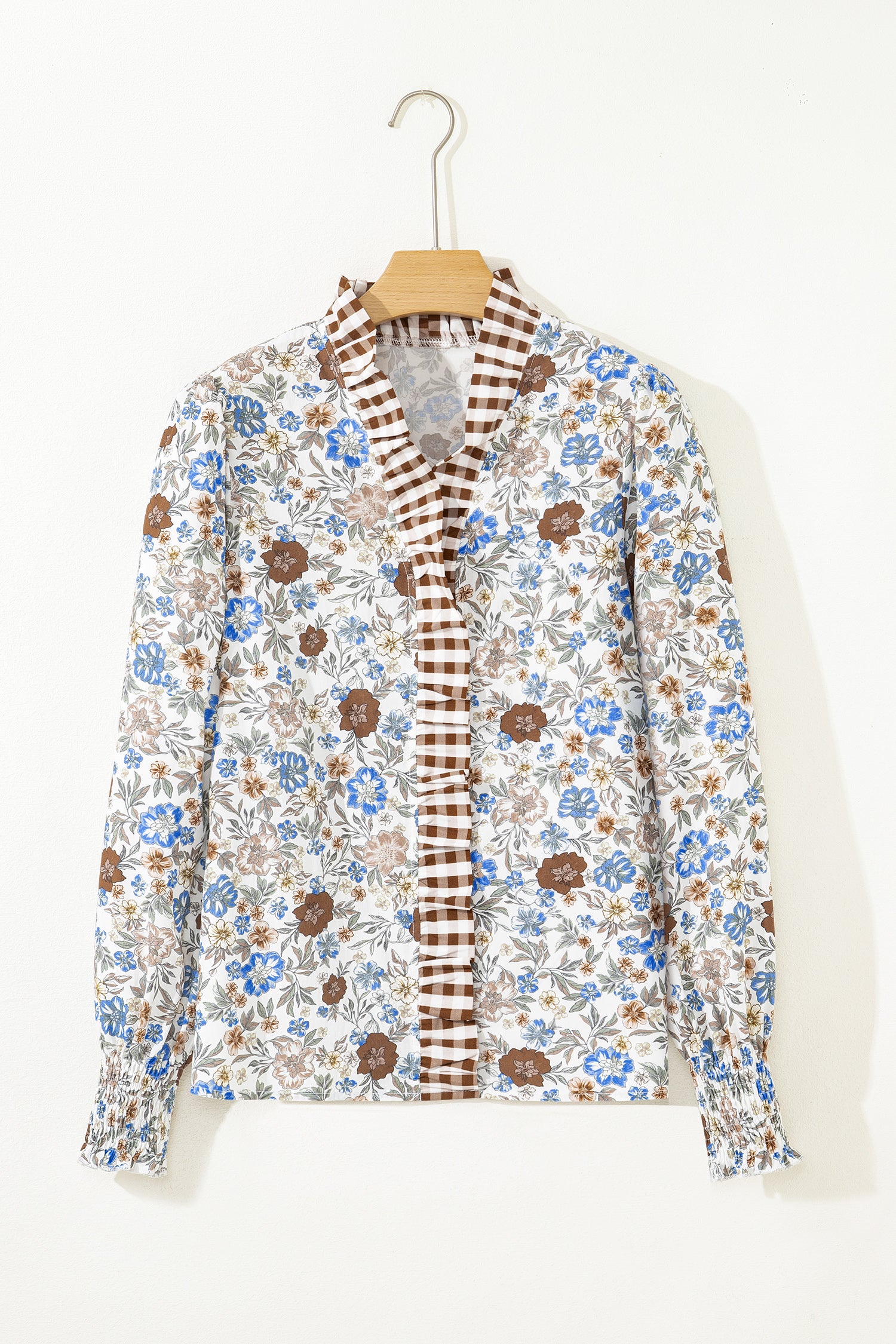 Brown Plaid Frilled Trim V Neck Floral Long Sleeve Blouse-Tops/Blouses & Shirts-[Adult]-[Female]-2022 Online Blue Zone Planet