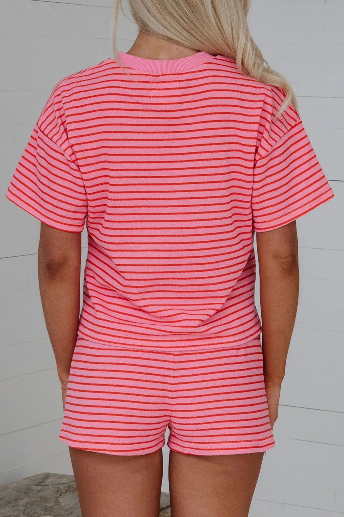 Rose Stripe Side Split Knit Tee Drawstring Shorts Set-Two Piece Sets/Short Sets-[Adult]-[Female]-2022 Online Blue Zone Planet